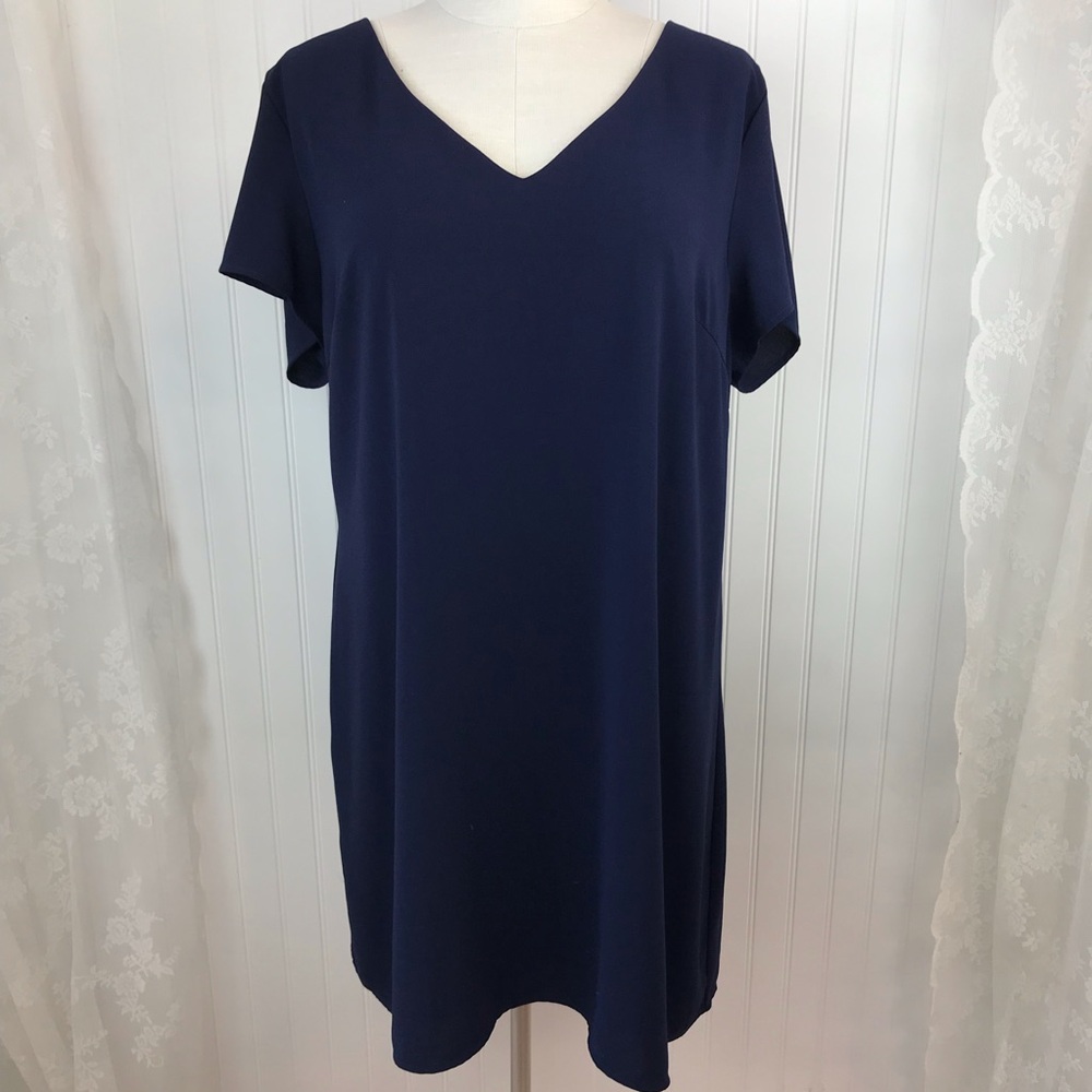 Shein Curve Plus Size 4X Dark Navy Crepe Sheath Dress, V-Neck & Short Sleeves